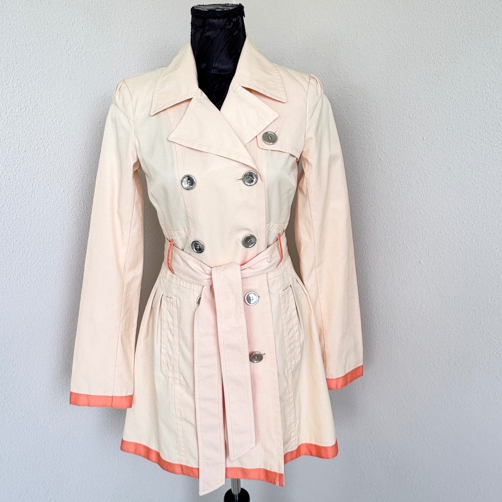 Black Rivet Trench Coat Double Breasted Belted Trim XS Peach Cream